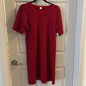 Red w/ Navy striped straight rayon/polyester mini dress.